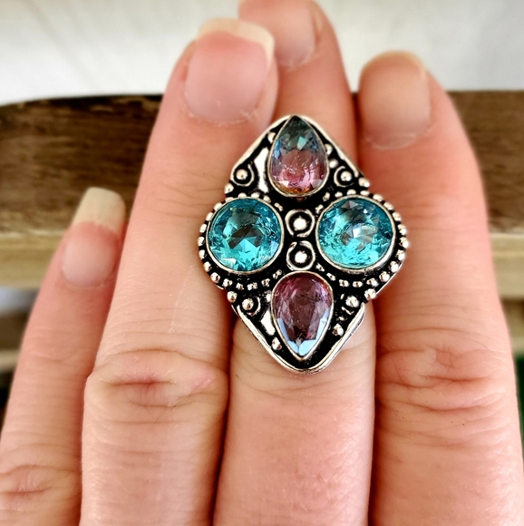 New Blue Topaz & Bi-Color Tourmaline 925 Silver Ring. - Picture 1 of 8